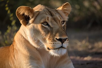 Fototapeta na wymiar After dinner, a picture of a lioness relaxes in the warm sun. Generative AI