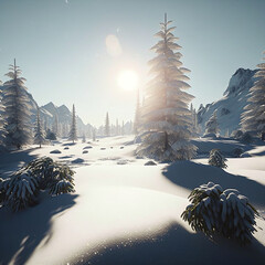 snow covered trees, winter, scenery, snow, light ray, pine tree, mountain, created with Generative AI technology