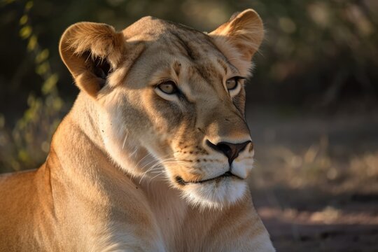 After dinner, a picture of a lioness relaxes in the warm sun. Generative AI