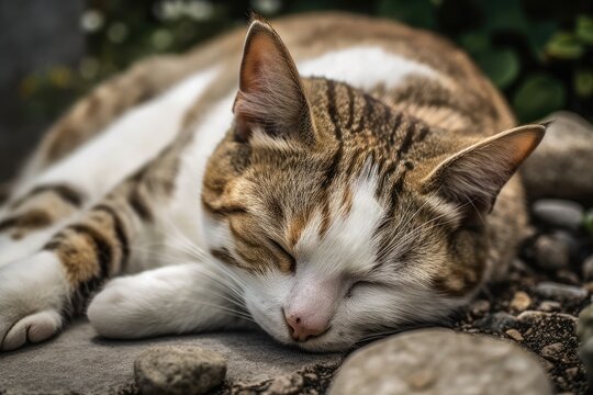 A white and brown cat sleeping on a stone surrounded by grass. Generative AI