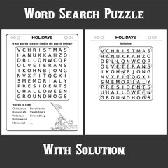 Word Search Puzzle with solution for kids