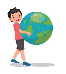 Cute little boy hugging earth globe showing care for the planet celebrating earth day