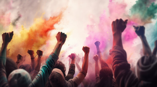 A group of people cheering at a party or protesting. Colourful powder, Generative AI.