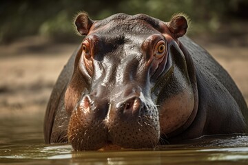 Hippopotamus The Hippopotamus amphibius or hippo is a big, herbivorous, semiaquatic, sub Saharan African mammal. The head looks away from the water with its jaws wide open. Generative AI