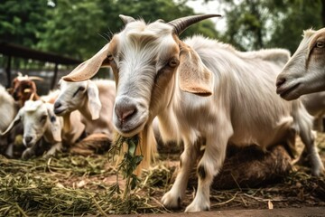 Naklejka na ściany i meble Goat clan eat delectable cuisine. Generative AI