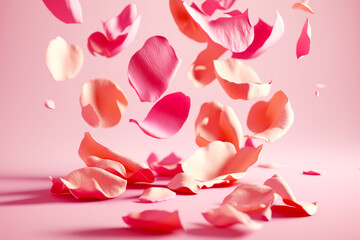Bunch of pink and white petals floating in the air on light pink background. Generative AI.
