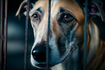 Close up of dog in cage with its head looking through the bars. Generative AI.