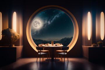 Round window with view of the night sky and full moon in the distance. Generative AI.