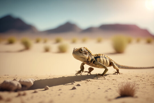 Small lizard standing on top of sandy ground in the middle of desert. Generative AI.