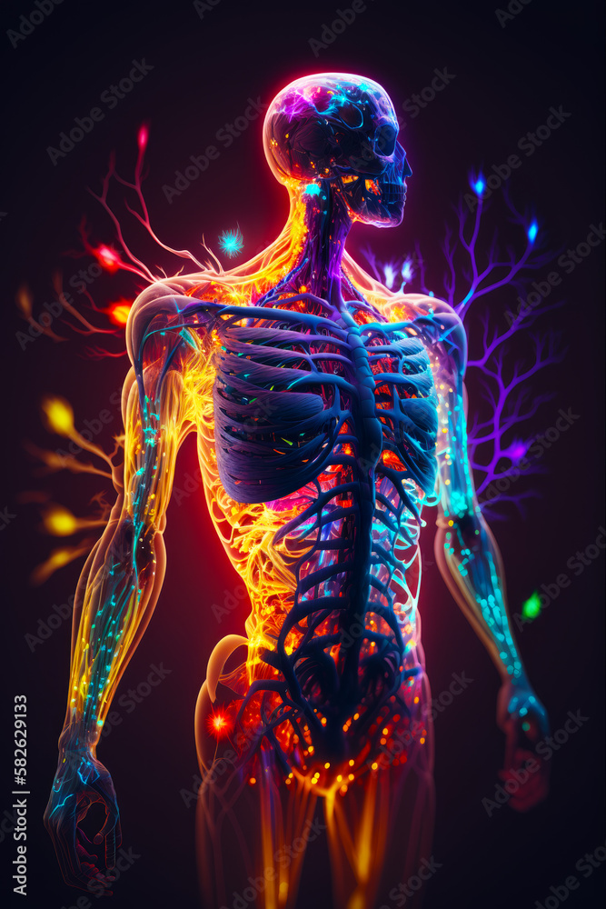 Sticker 3d image of human skeleton with lot of colorful lights coming out of it. Generative AI.