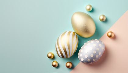 Golden Easter eggs on a pastel blue background, copy space, flat lay. Festive background, postcard, pattern.
