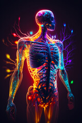 3d image of human skeleton with lot of colorful lights coming out of it. Generative AI.