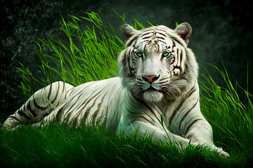 White tiger laying on top of lush green grass covered field next to forest. Generative AI.