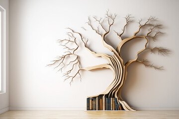 Bookshelf made out of books with tree shaped like book on top of it. Generative AI.