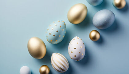 Fototapeta na wymiar Easter eggs on a pastel pale blue background, flat lay. Festive background, postcard, pattern. 