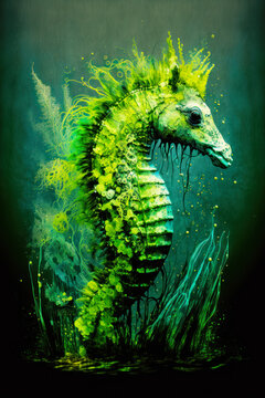Image of green sea horse in the water with algae and seaweed around it. Generative AI.