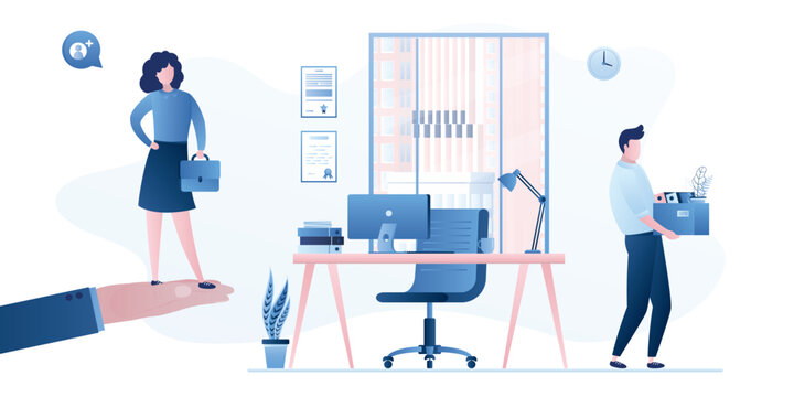 Employee turnover. Staff replacement. Modern workplace in office. Dismissed worker go away with things. Boss hand holds new female employee. Dismissal and employment process in company