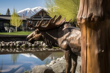 Moose statue by a log structure on a corner in Ketchum, Idaho, United States, close to Sun Valley, with mountains reflected in the window behind it. 6 12 2017. Generative AI