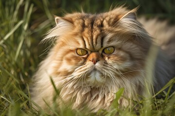 Naklejka na ściany i meble Persian cat lying down in the grass. Generative AI
