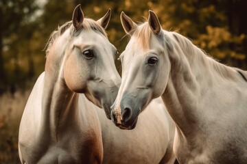 Fototapeta premium two horses' tender friendship. Generative AI
