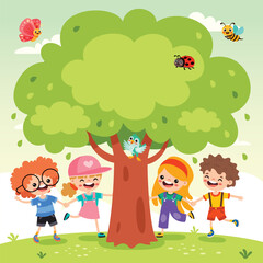 Cartoon Children Playing Under Tree