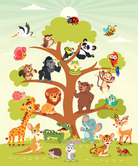 Obraz na płótnie Canvas Cartoon Animals On A Tree