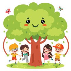 Cartoon Children Playing Under Tree