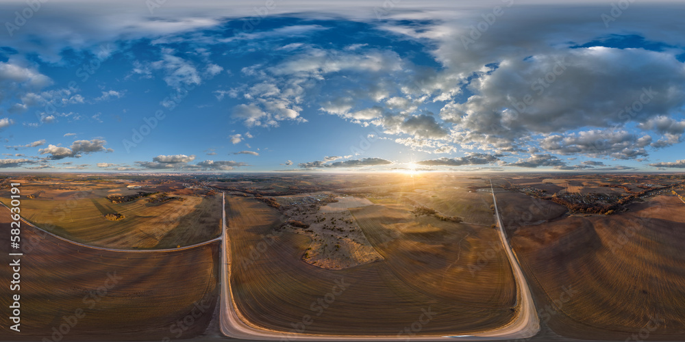 Canvas Prints aerial full seamless spherical hdri 360 panorama view from great height above fields in countryside 
