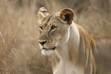 Plakat In the savanna, a lovely young lioness (Panthera leo). Generative AI