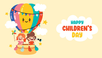 Cartoon Kids Riding A Hot Air Balloon