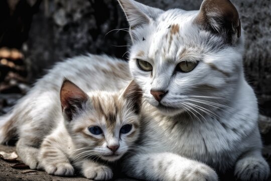 Mobile photography of a cat mother and her youngster. Generative AI