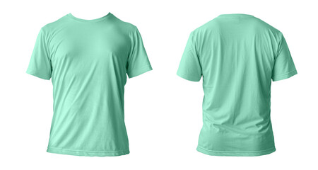 Blank green clean t-shirt mockup, isolated, front view. Empty tshirt model mock up. Clear fabric...