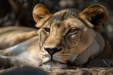 Obraz premium juvenile female lion taking a nap. Generative AI