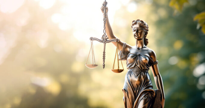 Statue of Justice holding scales on blur background, copy space. Law concept. Generative AI