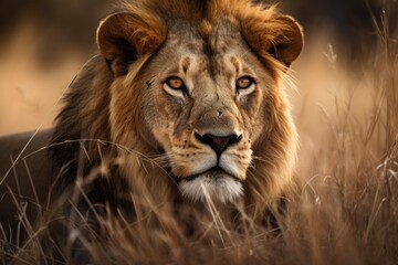 Obraz na płótnie Canvas Gorgeous Lion Caesar amid the Masai Mara's golden grass, Kenya. Generative AI