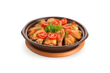 A plate of baked chicken wings in the asian style and tomatoes sauce, food photography isolated on white background. Created with Generative AI Technology