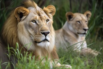 Fototapeta na wymiar Animals Lion and Tiger on Savannah. Generative AI