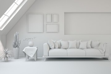 White living room concept with sofa. 3D illustration