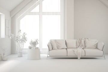 Grey living room concept with sofa. 3D illustration