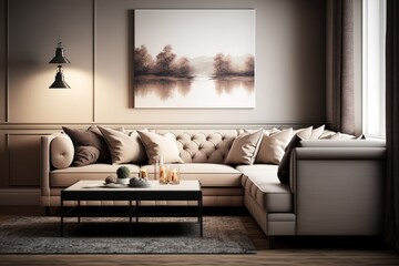 Fototapeta na wymiar Corner sofa in modern interior design room in beige colors