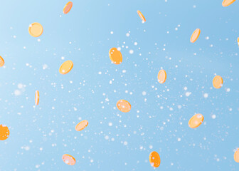 3d background with gold coins on a blue background with flying snow.