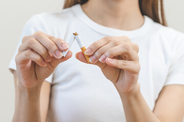 Quit, stop smoking, addiction asian young woman, girl refusing cigarette, smoker quitting smoke,...