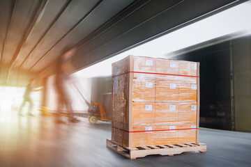 Package Boxes Wrapped Plastic Stacked on Pallets Loading into Cargo Container. Loading Dock Distribution Supplies Warehouse. Shipping Supply Chain Shipment. Freight Truck Logistics Cargo Transport	