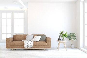 Grey living room concept with sofa. 3D illustration