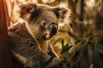 Beautiful Australian koala in a remote setting, perched on a eucalyptus tree, gazing upward. Generative AI