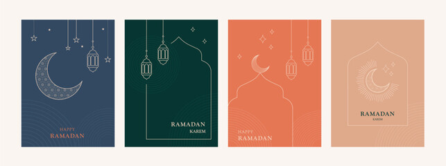 Collection of modern style Ramadan Mubarak and eid al fitr. Greeting cards with minimal boho design, moon, mosque dome and lanterns