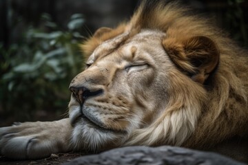 adorably sleeping lion in a zoo. Generative AI