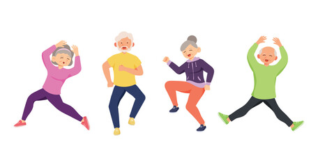 Fototapeta na wymiar Old aged people doing exercise in cartoon character,