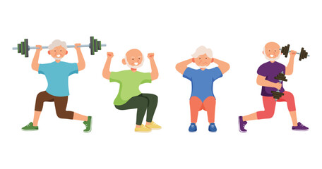 Old aged people doing exercise in cartoon character,