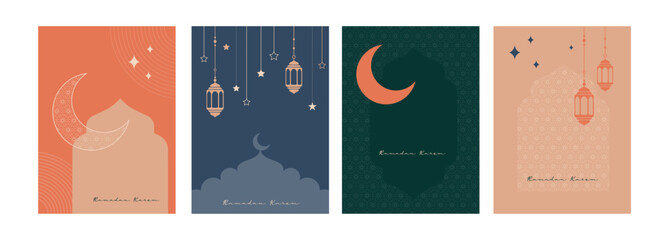 Collection of Ramadan Mubarak and eid al fitr greeting cards with minimal boho design, moon, mosque dome and lanterns - 582632923